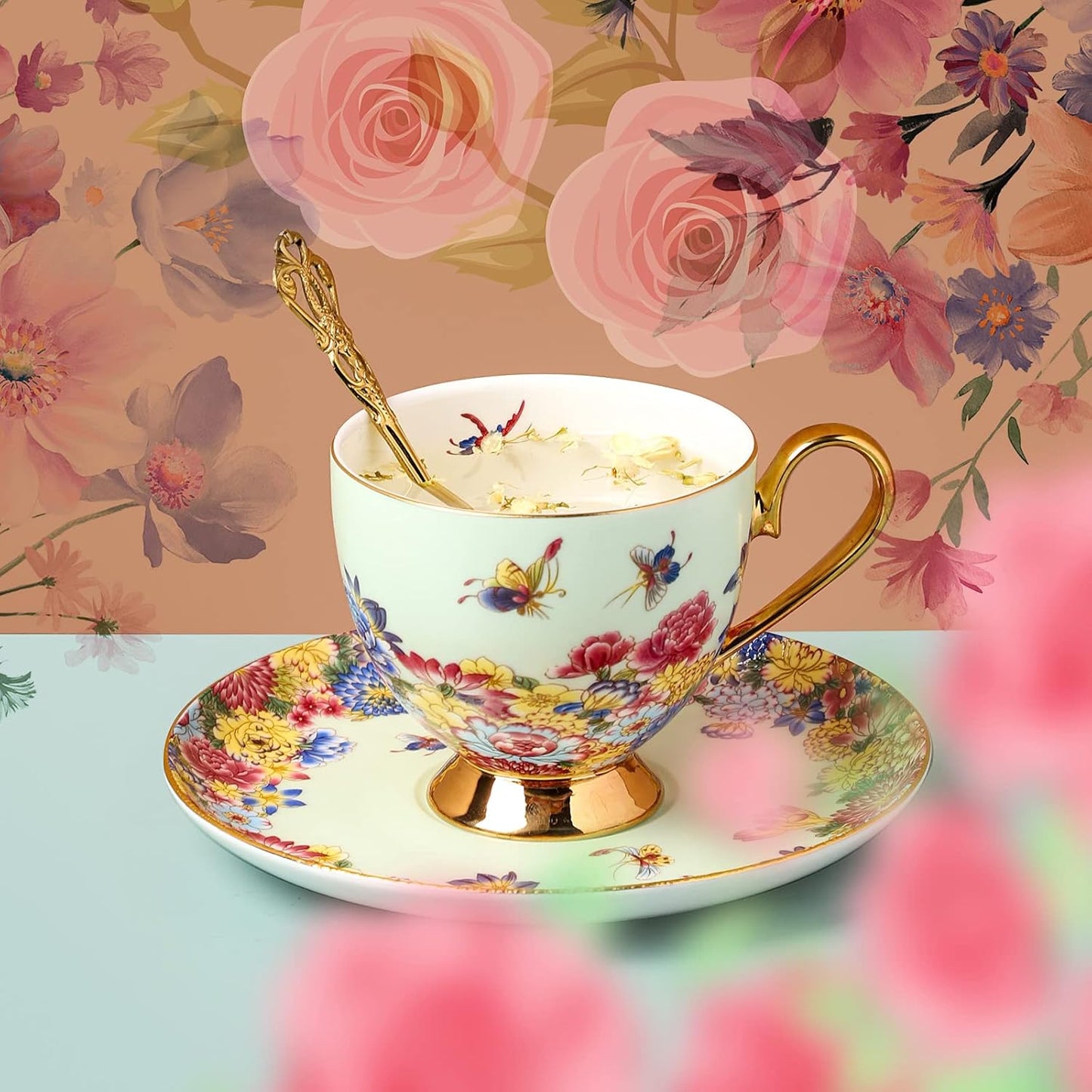 3 Piece Vintage Porcelain Coffee Cup Set, Floral Tea Cup Set with Gold Trim