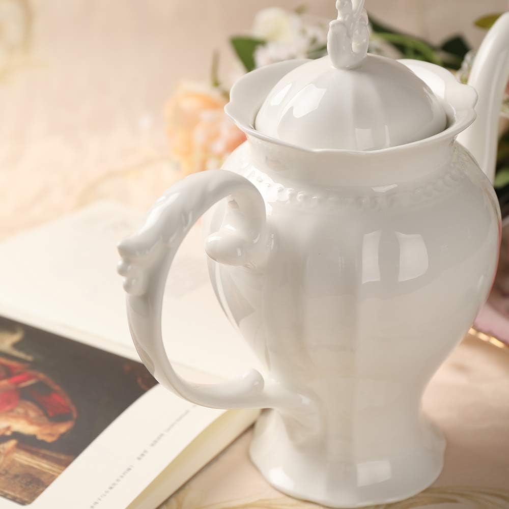 Fine Porcelain Ultra White English Teapot, Coffee Pot, Victoria Style, Light Weight, 37 Oz
