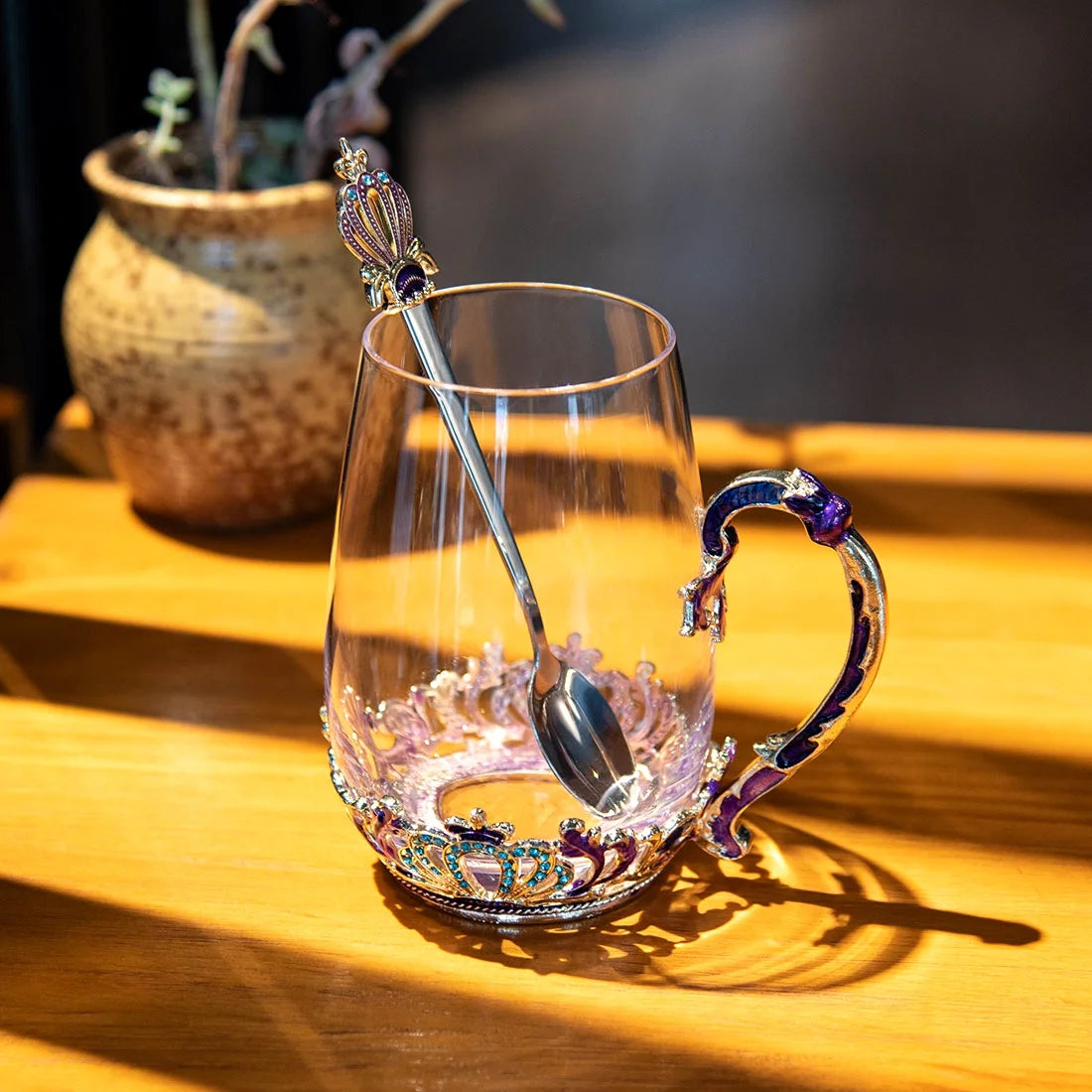 Enamel Tea Cup Glass Coffee Cup Handmade Rose Tea Cup with Stainless Steel Spoon Set