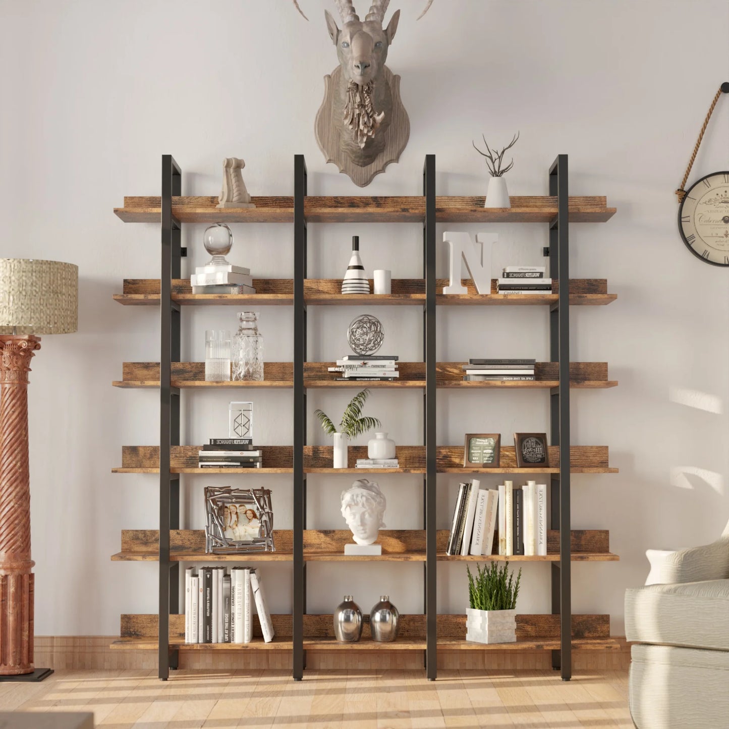 Bookcase and Bookshelves Triple Wide 6-Tiers Large Open Shelves with Back Fence for Home Office Decor