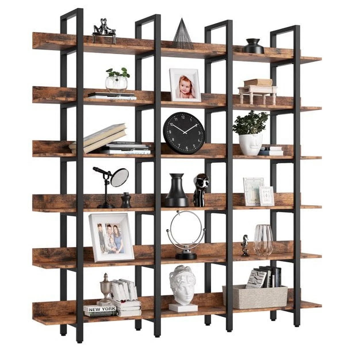 Bookcase and Bookshelves Triple Wide 6-Tiers Large Open Shelves with Back Fence for Home Office Decor