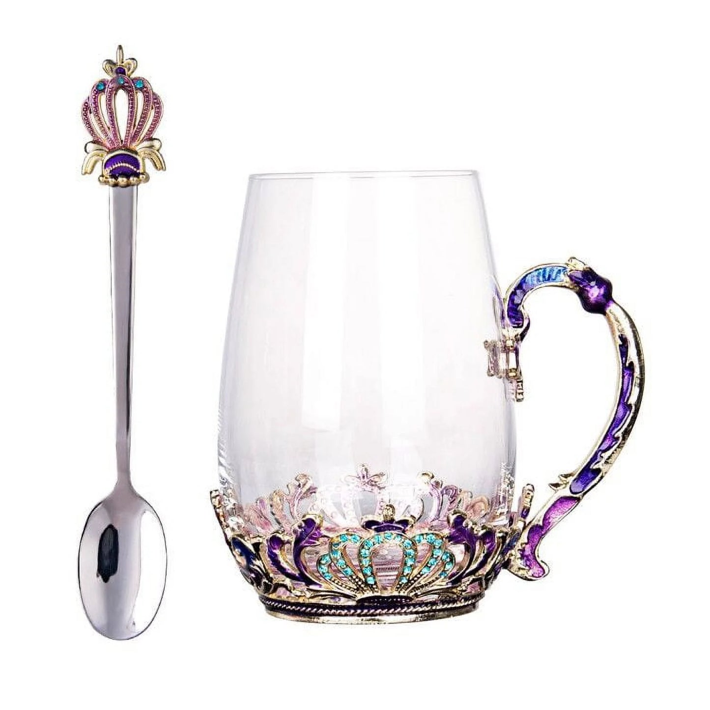 Enamel Tea Cup Glass Coffee Cup Handmade Rose Tea Cup with Stainless Steel Spoon Set