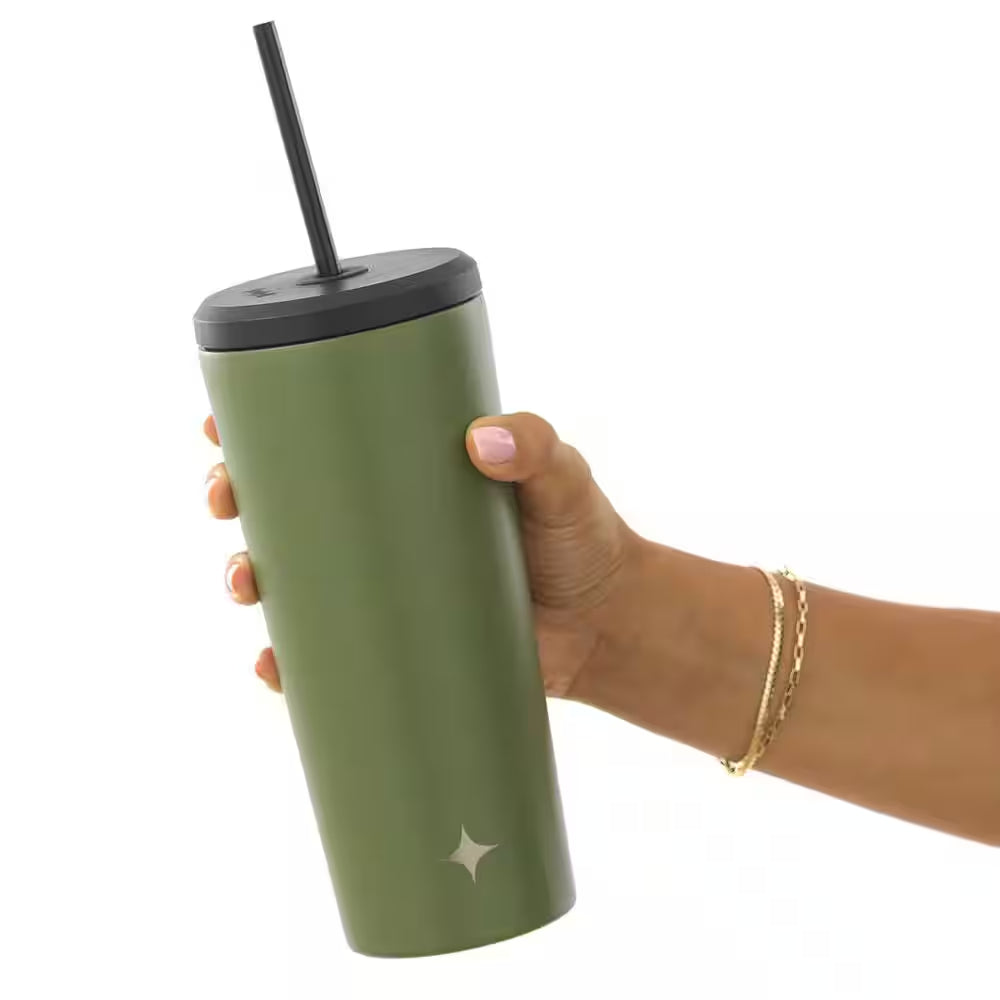 24 Oz. Stainless Steel Vacuum Insulated Tumbler with Straw and Flip Lids, Green