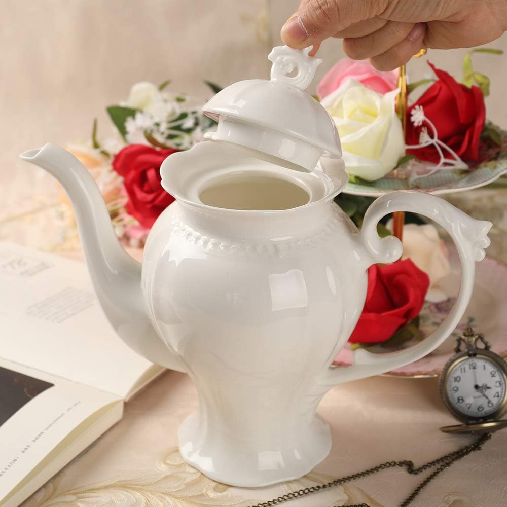 Fine Porcelain Ultra White English Teapot, Coffee Pot, Victoria Style, Light Weight, 37 Oz