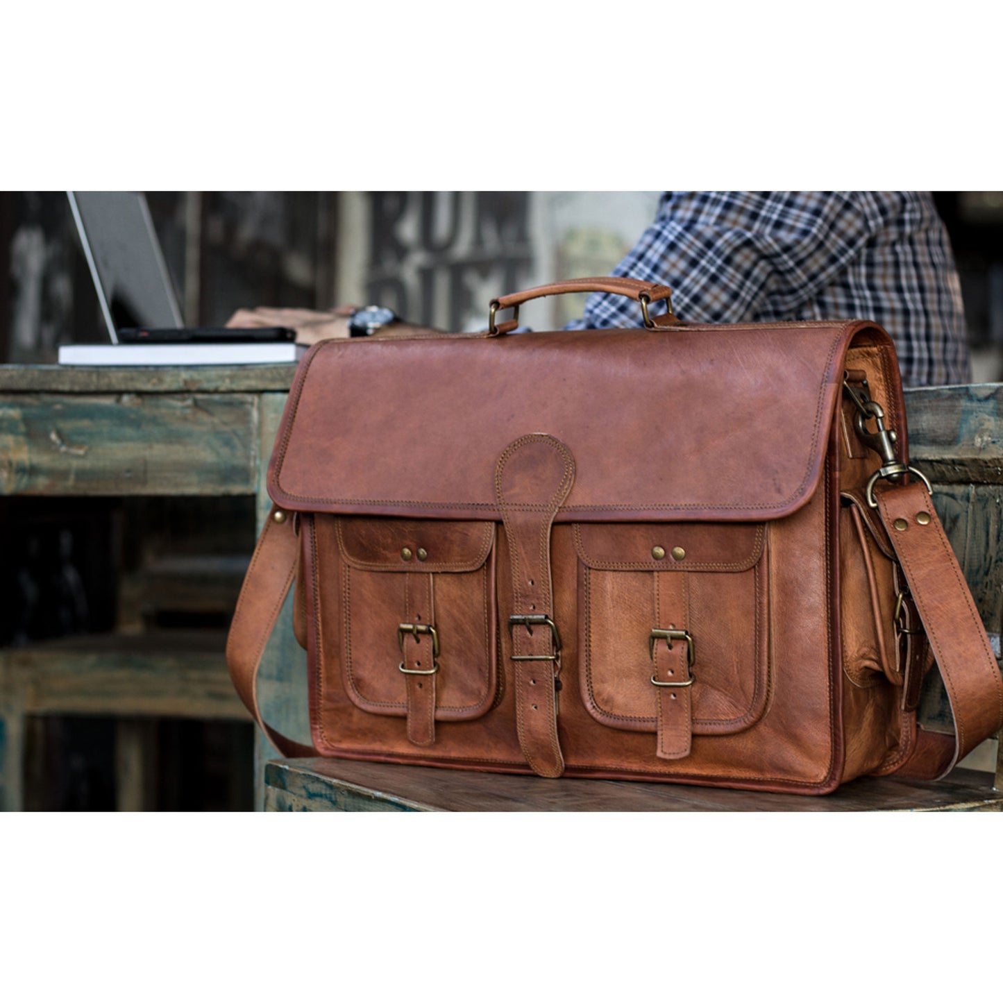 Leather Briefcase Laptop Bag Messenger Satchel 16 Inch Best Handmade Leather Bag, Brown, Large