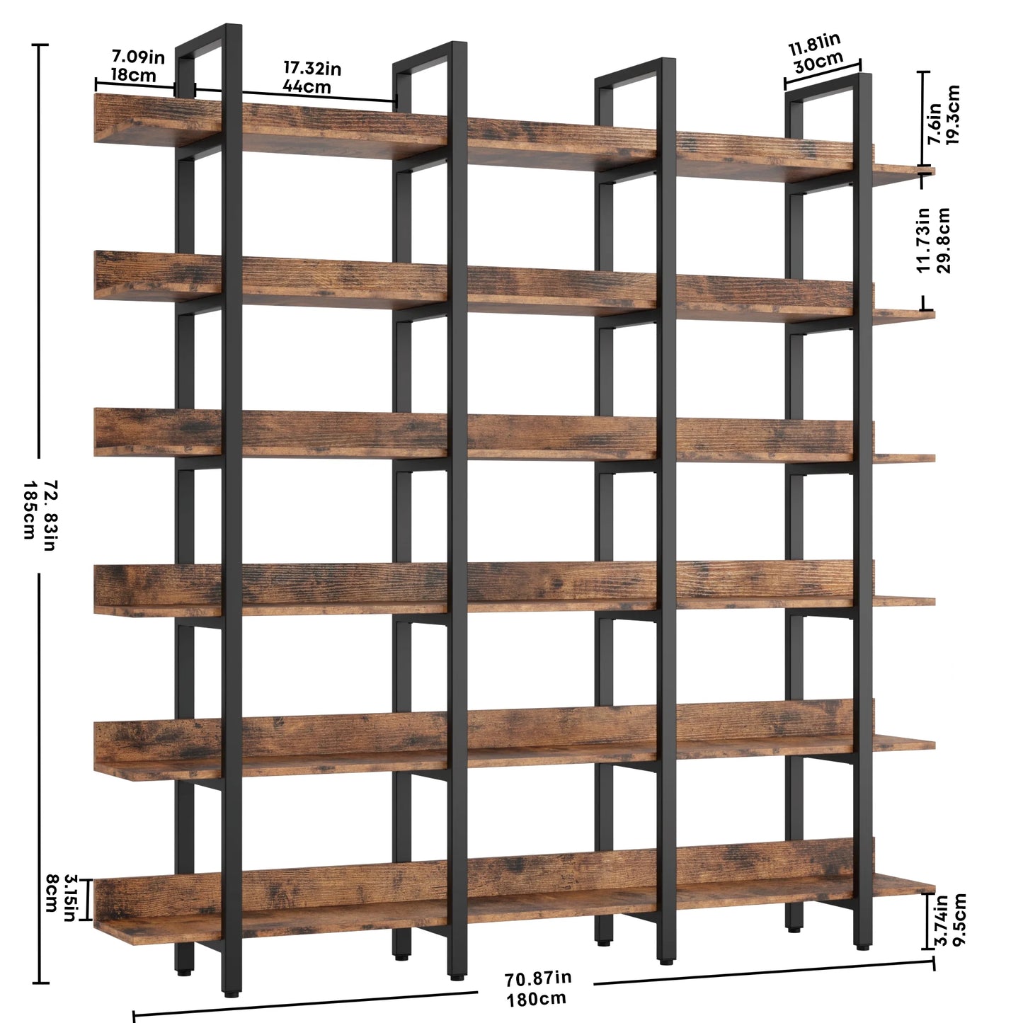 Bookcase and Bookshelves Triple Wide 6-Tiers Large Open Shelves with Back Fence for Home Office Decor