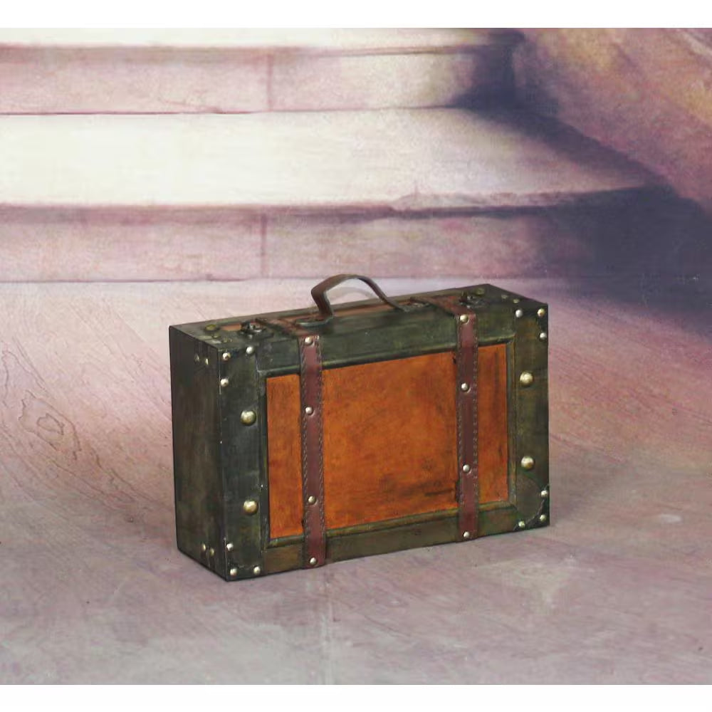 Wooden Vintage Luggage Trunks - Antique Carry on Suitcase Storage Box with Hinged Lids, Small Brown