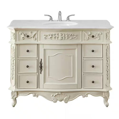 Single Sink Freestanding Bath Vanity in Antique White with White Marble Top