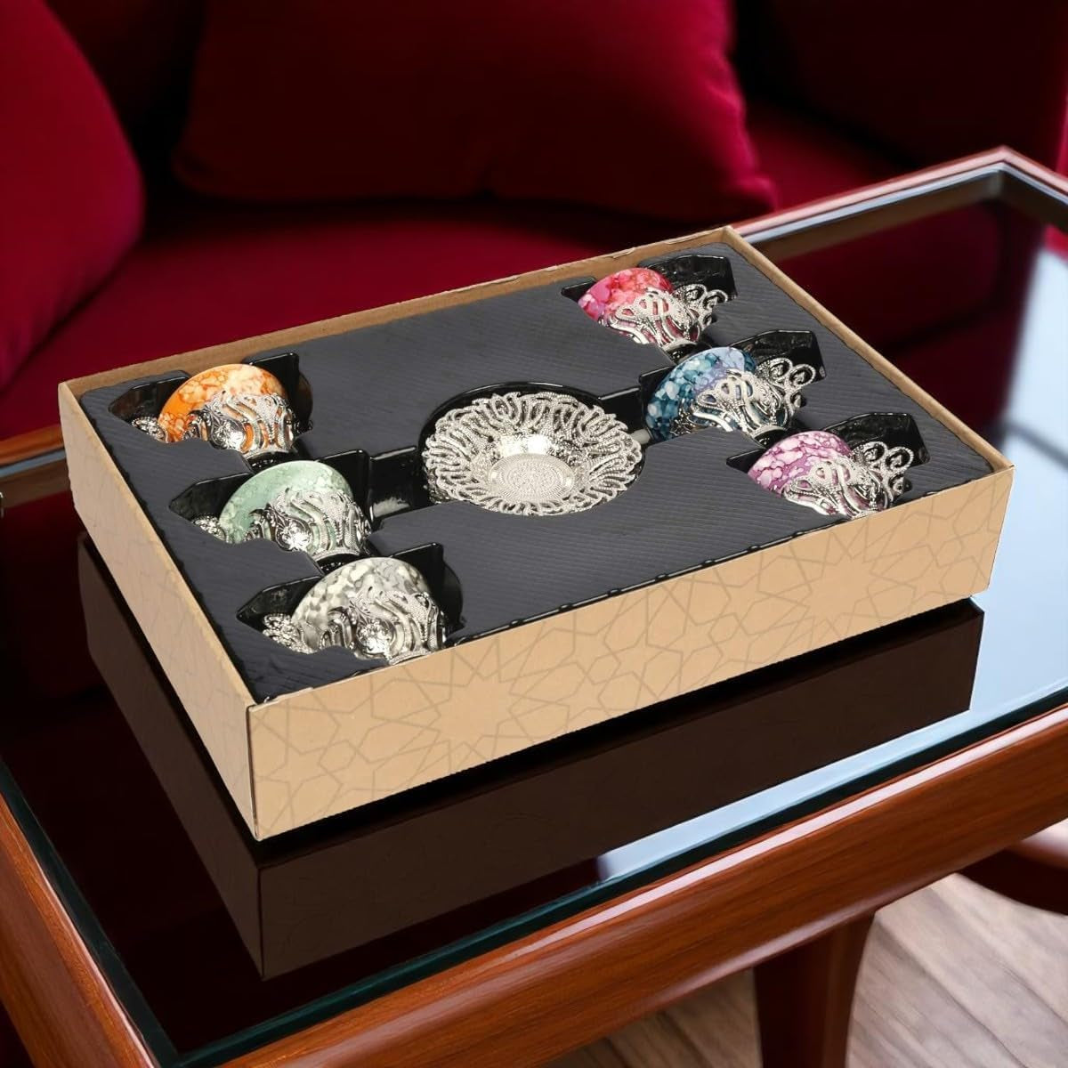 12 Pc Turkish Greek Arabic Coffee Espresso Cup Saucer Porcelain Set (Silver)