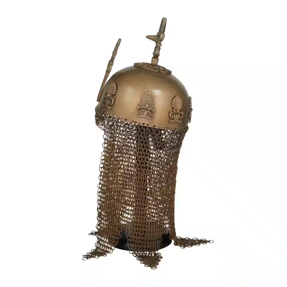 Brass Metal Replica Medieval Ottoman Islamic Helmet with Black Wood Stand and Chainmail