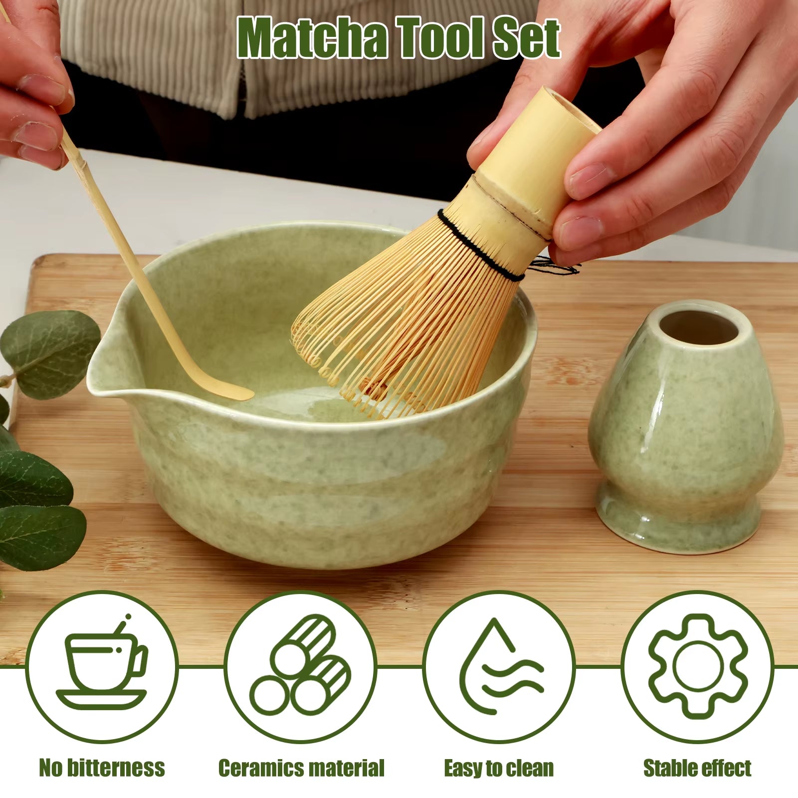 4Pcs Japanese Matcha Set with Ceramic Bowl Bamboo Matcha Whisk and Tea Scoop 