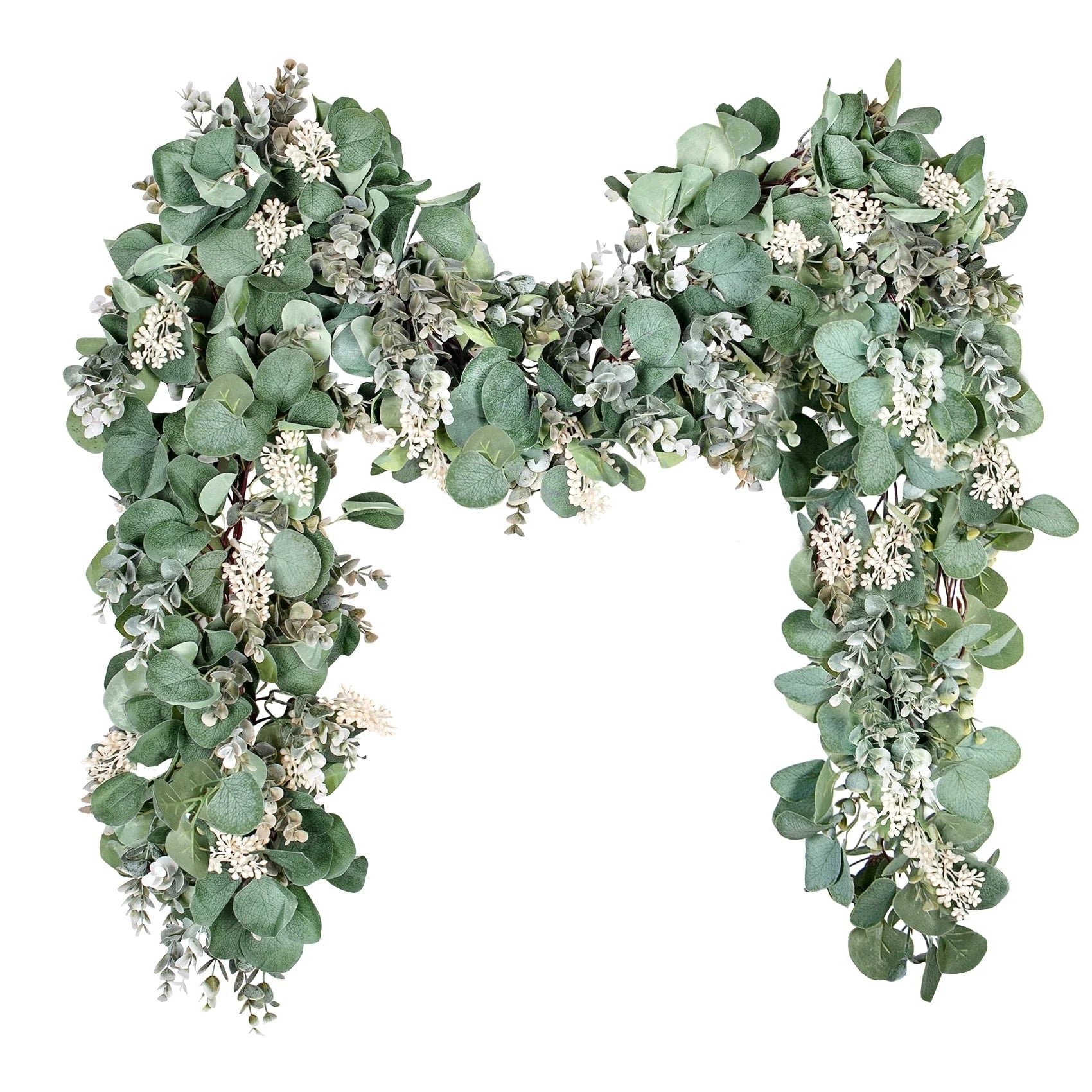 Eucalyptus Garland, 6.56 Ft Silver Dollar Leaves Boxwood with White Buds Artificial Faux Greenery Vines 