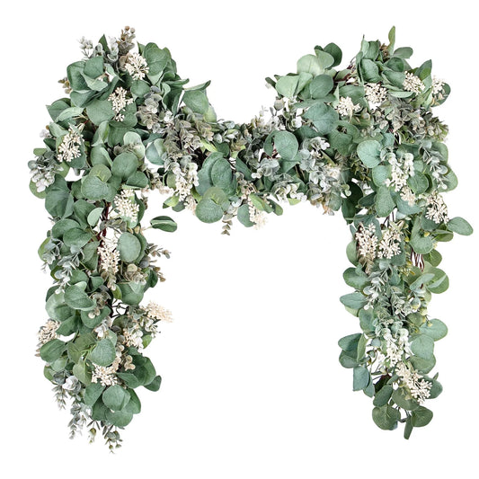 Eucalyptus Garland, 6.56 Ft Silver Dollar Leaves Boxwood with White Buds Artificial Faux Greenery Vines 