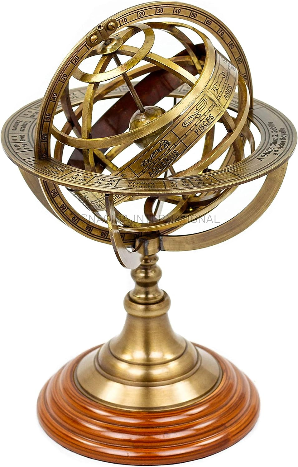 Antique Vintage Zodiac Armillary Brass Sphere Globe Wooden Display