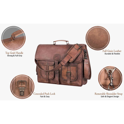 Leather Briefcase Laptop Bag Messenger Satchel 16 Inch Best Handmade Leather Bag, Brown, Large