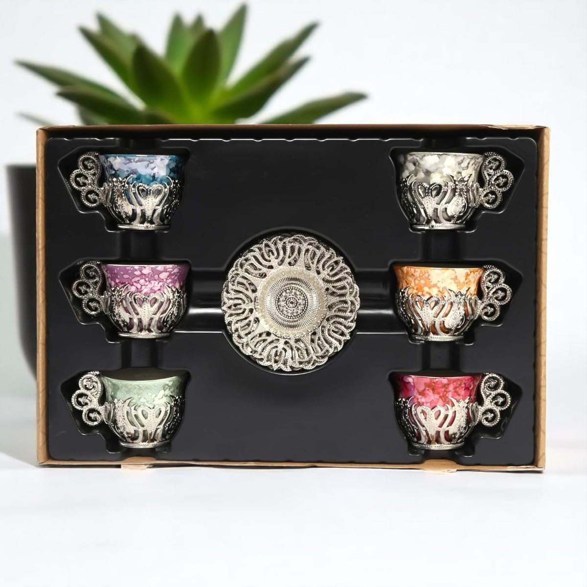 12 Pc Turkish Greek Arabic Coffee Espresso Cup Saucer Porcelain Set (Silver)
