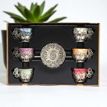 12 Pc Turkish Greek Arabic Coffee Espresso Cup Saucer Porcelain Set (Silver)