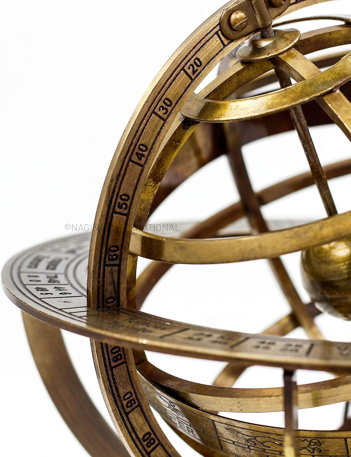 Antique Vintage Zodiac Armillary Brass Sphere Globe Wooden Display