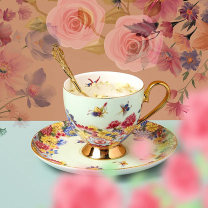 3 Piece Vintage Porcelain Coffee Cup Set, Floral Tea Cup Set with Gold Trim