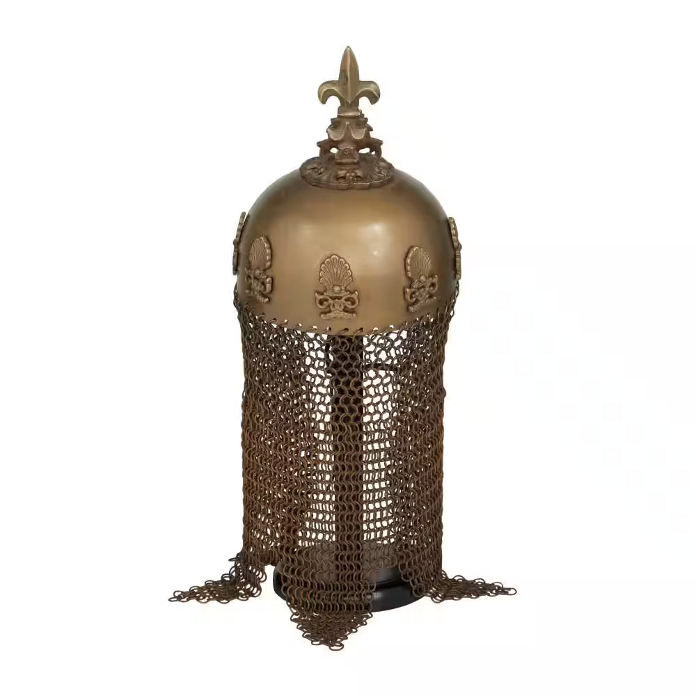Brass Metal Replica Medieval Ottoman Islamic Helmet with Black Wood Stand and Chainmail