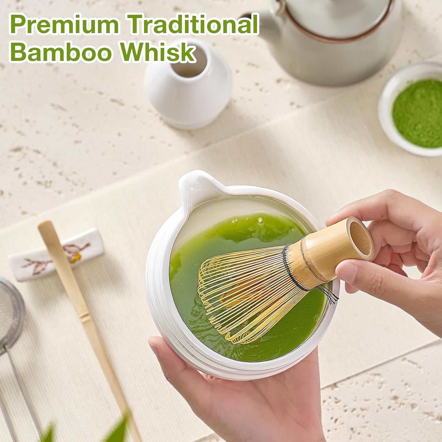 Matcha Whisk Set, Japanese Tea Set (5Pcs) Includes Matcha Bowl with Spout (19 Oz