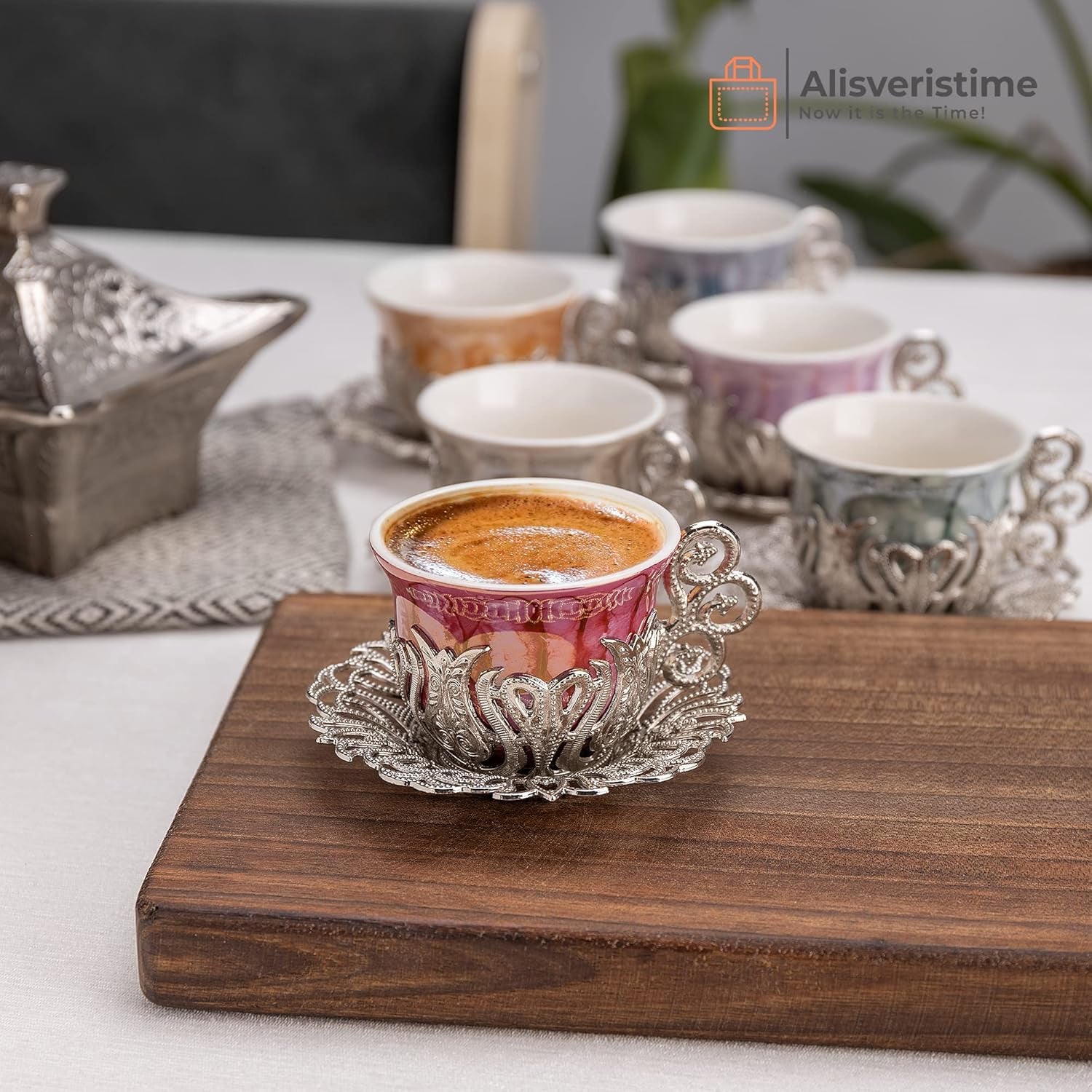 12 Pc Turkish Greek Arabic Coffee Espresso Cup Saucer Porcelain Set (Silver)