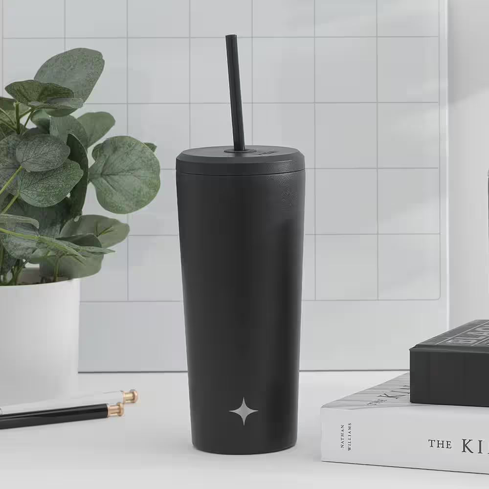 20 Oz. Black Vacuum Insulated Stainless Steel Tumbler with Flip Lid and Straw Lid 