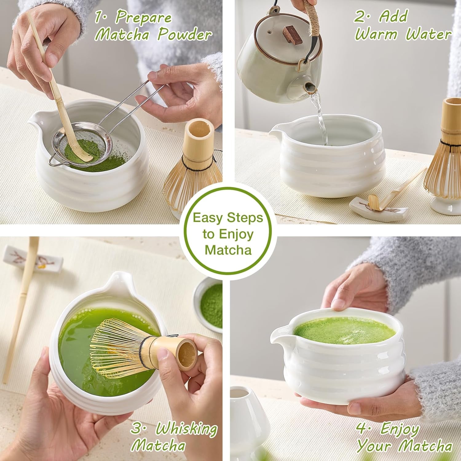 Matcha Whisk Set, Japanese Tea Set (5Pcs) Includes Matcha Bowl with Spout (19 Oz