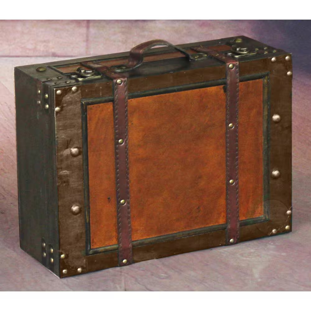 Wooden Vintage Luggage Trunks - Antique Carry on Suitcase Storage Box with Hinged Lids, Small Brown