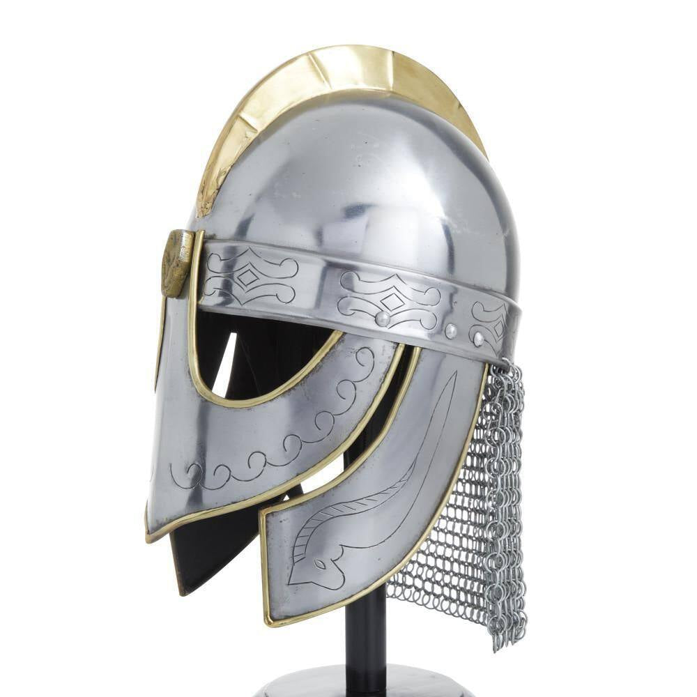 Silver Metal Replica Medieval Knight Crusader Helmet with Black Wood Stand and Chainmail