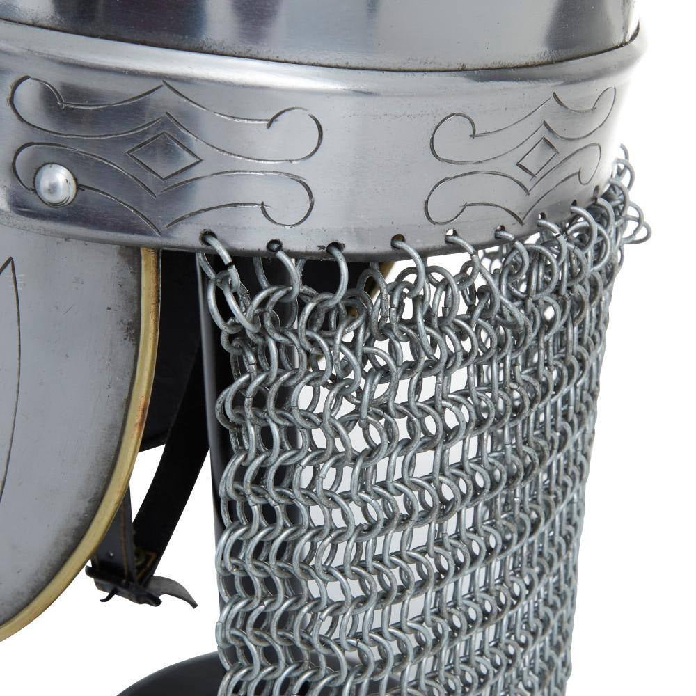 Silver Metal Replica Medieval Knight Crusader Helmet with Black Wood Stand and Chainmail