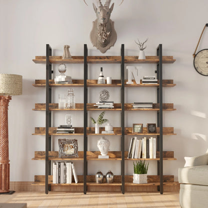 Bookcase and Bookshelves Triple Wide 6-Tiers Large Open Shelves with Back Fence for Home Office Decor