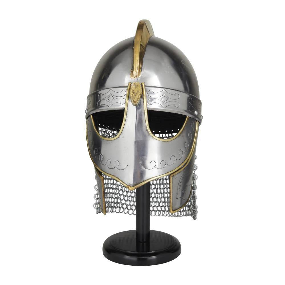 Silver Metal Replica Medieval Knight Crusader Helmet with Black Wood Stand and Chainmail