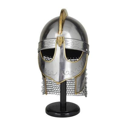Silver Metal Replica Medieval Knight Crusader Helmet with Black Wood Stand and Chainmail