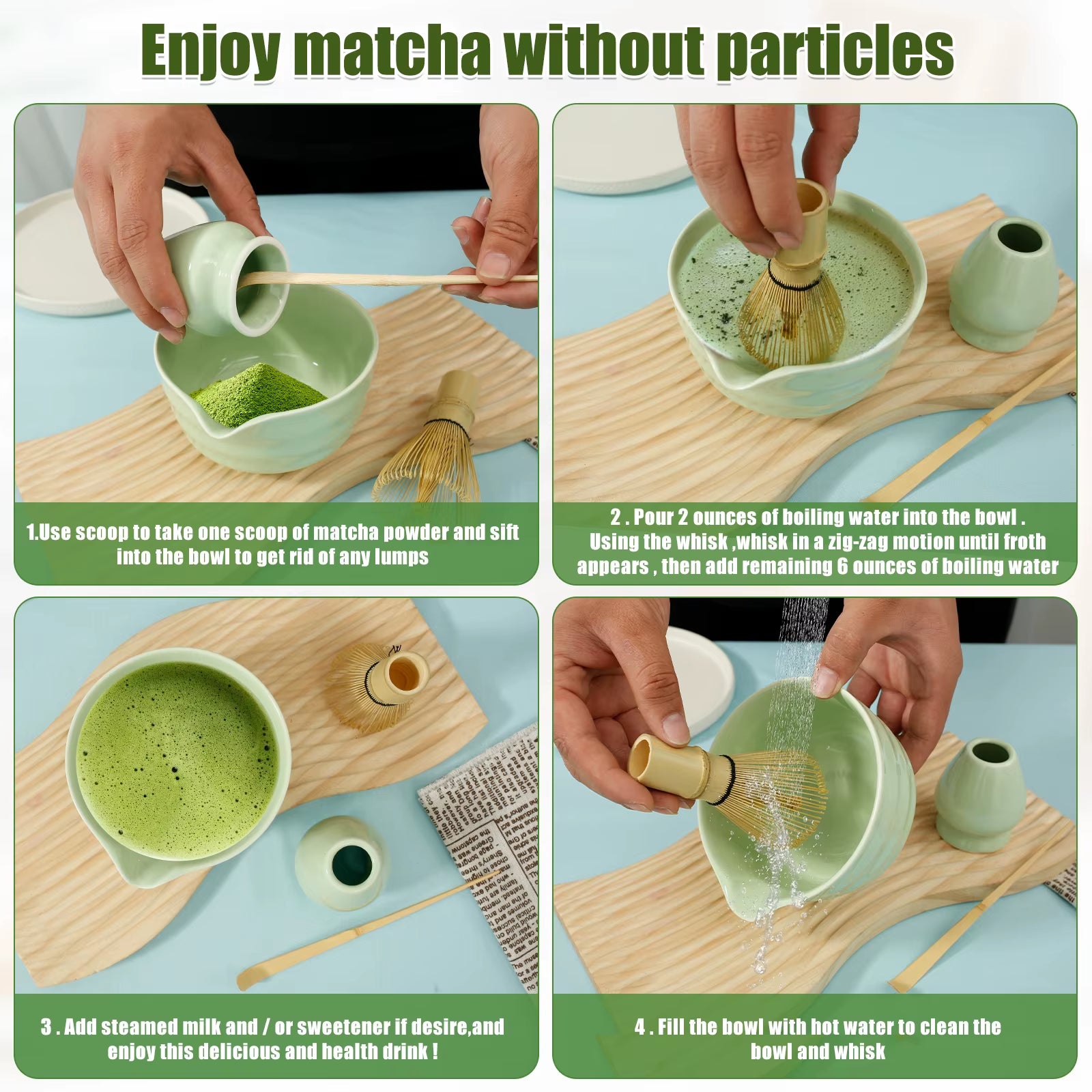 4Pcs Japanese Matcha Set with Ceramic Bowl Bamboo Matcha Whisk and Tea Scoop 