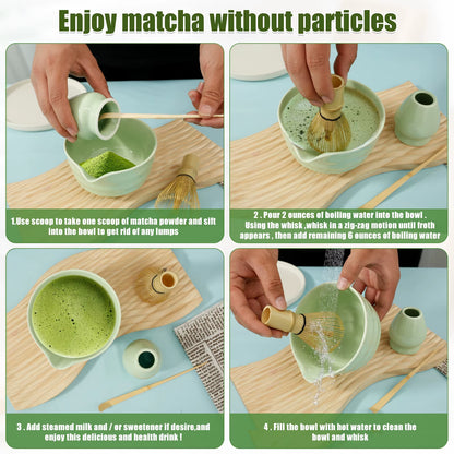 4Pcs Japanese Matcha Set with Ceramic Bowl Bamboo Matcha Whisk and Tea Scoop 