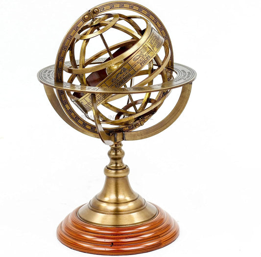 Antique Vintage Zodiac Armillary Brass Sphere Globe Wooden Display