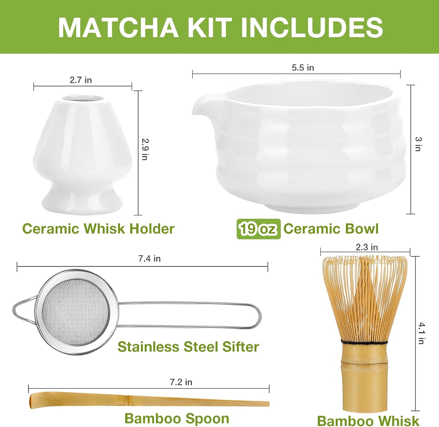 Matcha Whisk Set, Japanese Tea Set (5Pcs) Includes Matcha Bowl with Spout (19 Oz