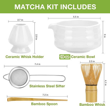 Matcha Whisk Set, Japanese Tea Set (5Pcs) Includes Matcha Bowl with Spout (19 Oz