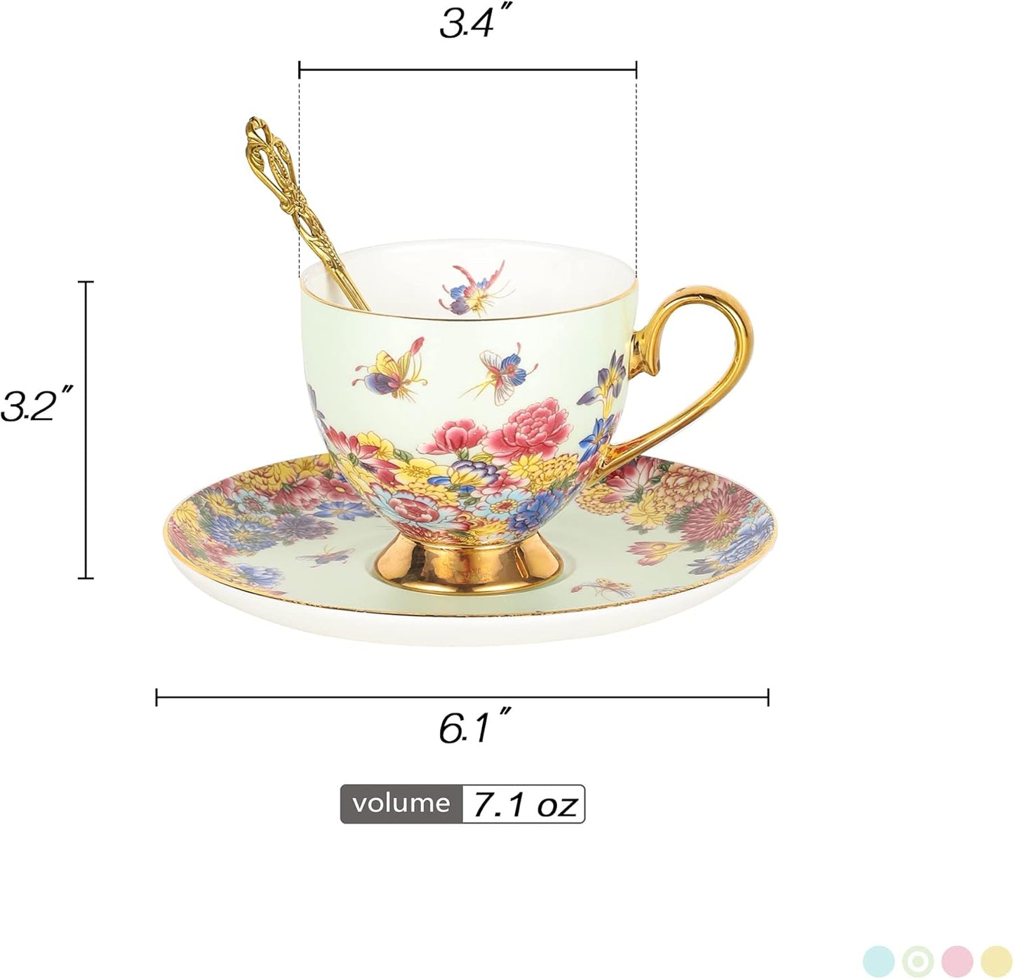 3 Piece Vintage Porcelain Coffee Cup Set, Floral Tea Cup Set with Gold Trim