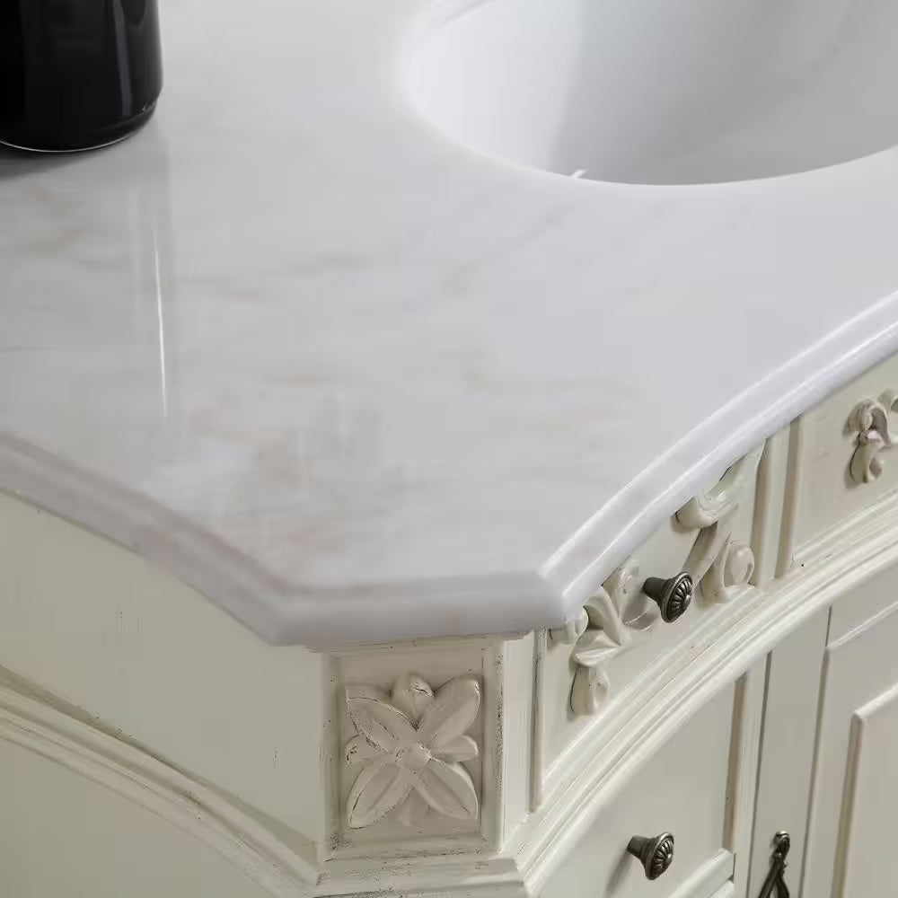 Single Sink Freestanding Bath Vanity in Antique White with White Marble Top