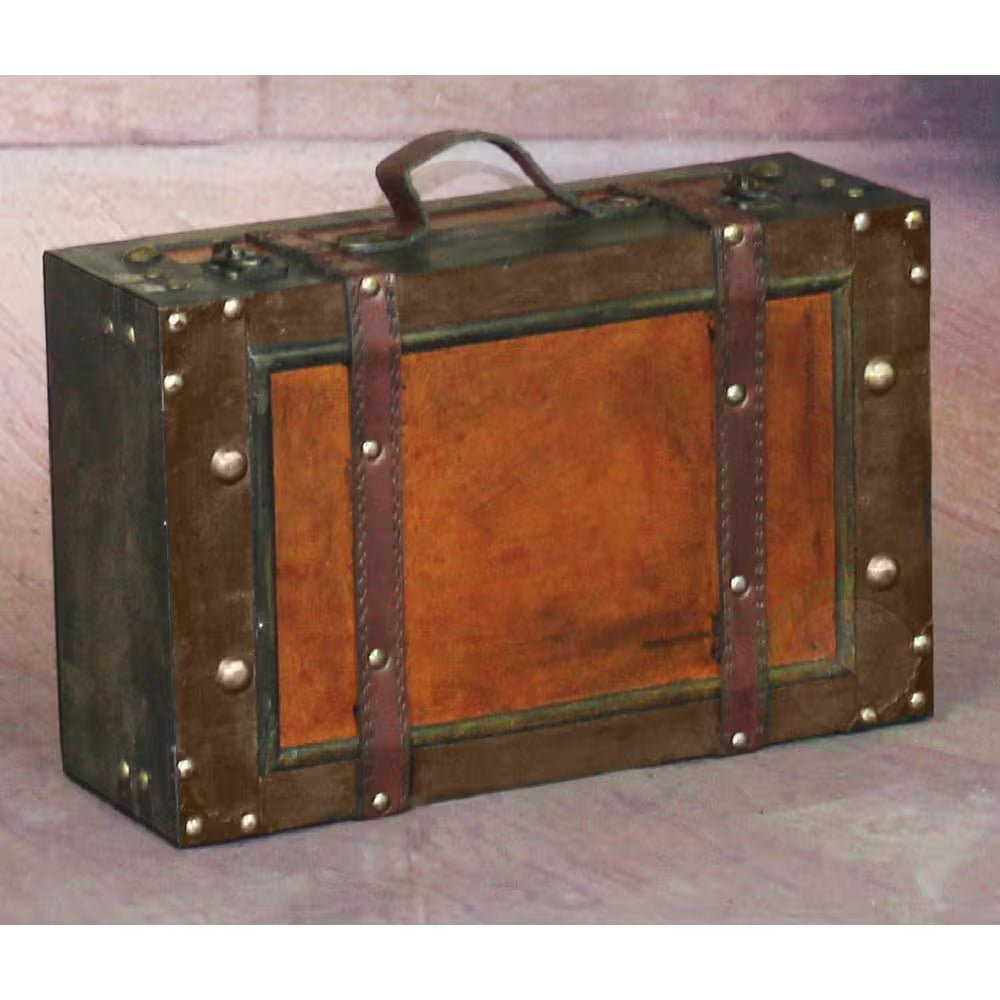 Wooden Vintage Luggage Trunks - Antique Carry on Suitcase Storage Box with Hinged Lids, Small Brown