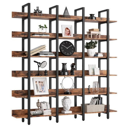 Bookcase and Bookshelves Triple Wide 6-Tiers Large Open Shelves with Back Fence for Home Office Decor