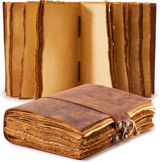 Vintage Leather Journal - Lock Closure Vintage Journal 240 Pages Antique Deckle Edge Paper