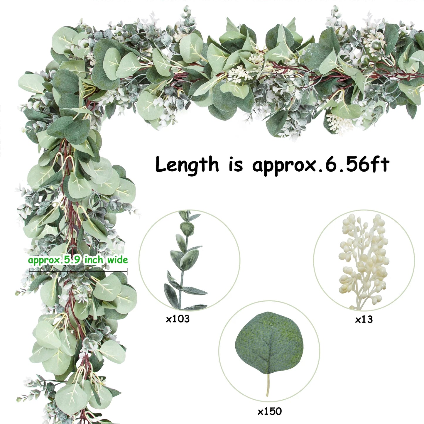 Eucalyptus Garland, 6.56 Ft Silver Dollar Leaves Boxwood with White Buds Artificial Faux Greenery Vines 