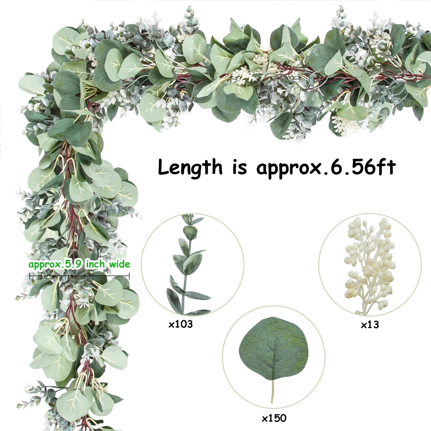 Eucalyptus Garland, 6.56 Ft Silver Dollar Leaves Boxwood with White Buds Artificial Faux Greenery Vines 