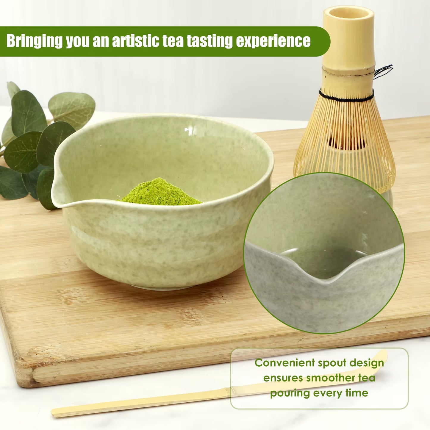 4Pcs Japanese Matcha Set with Ceramic Bowl Bamboo Matcha Whisk and Tea Scoop 