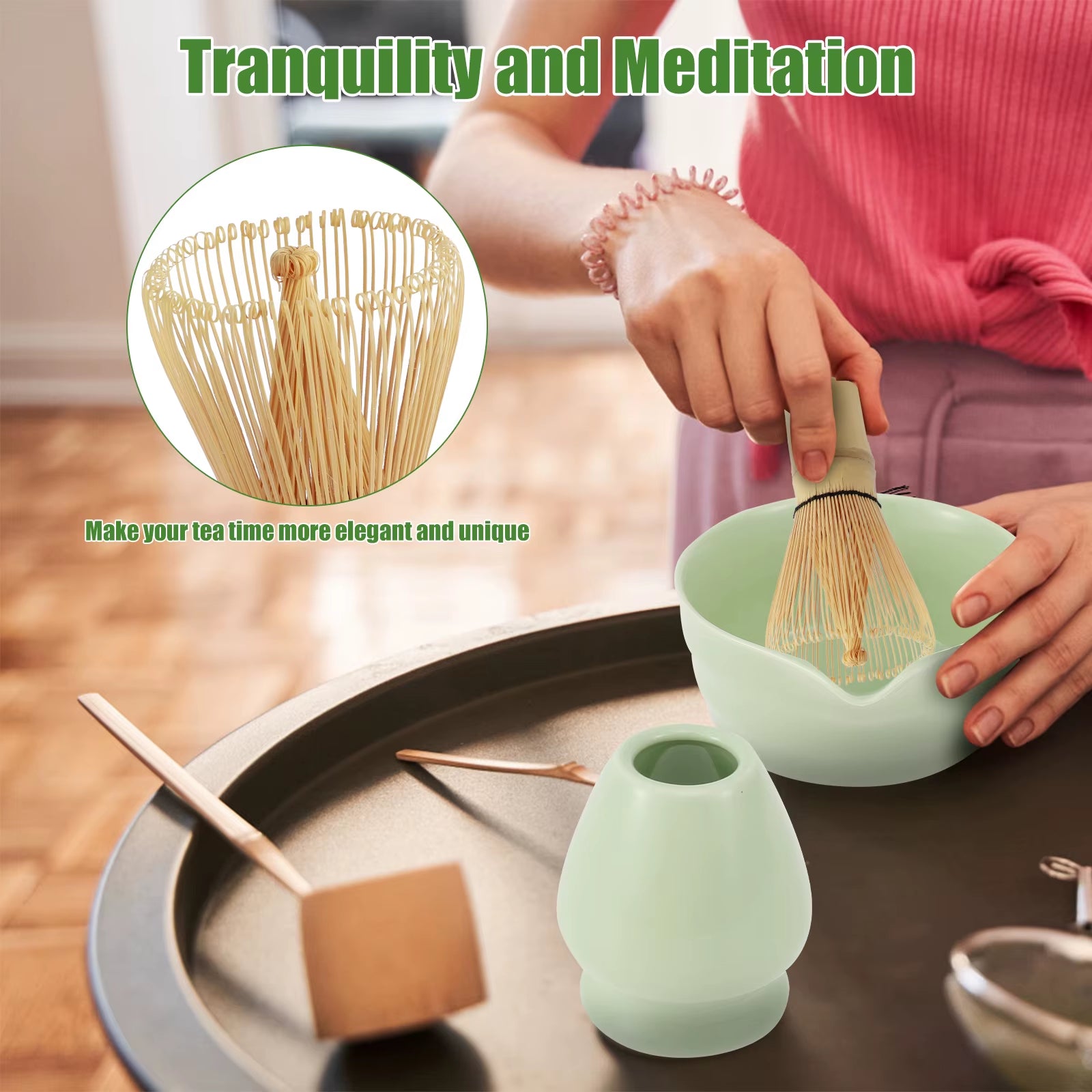 4Pcs Japanese Matcha Set with Ceramic Bowl Bamboo Matcha Whisk and Tea Scoop 