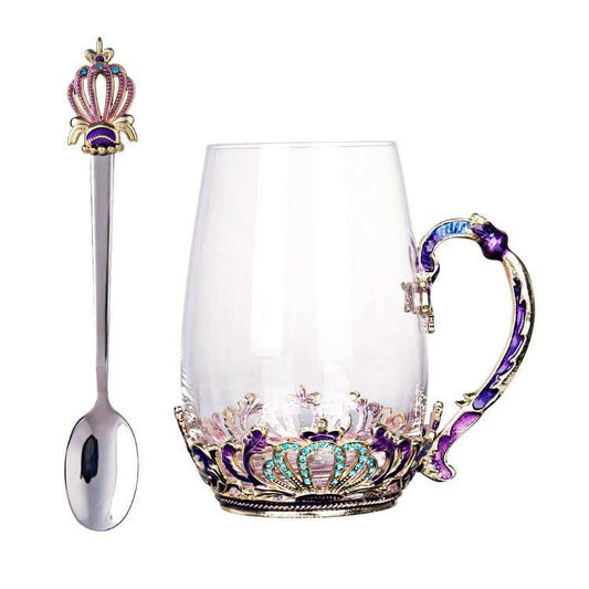 Enamel Tea Cup Glass Coffee Cup Handmade Rose Tea Cup with Stainless Steel Spoon Set
