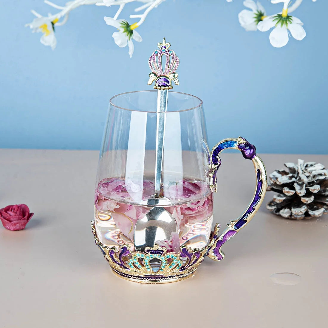 Enamel Tea Cup Glass Coffee Cup Handmade Rose Tea Cup with Stainless Steel Spoon Set
